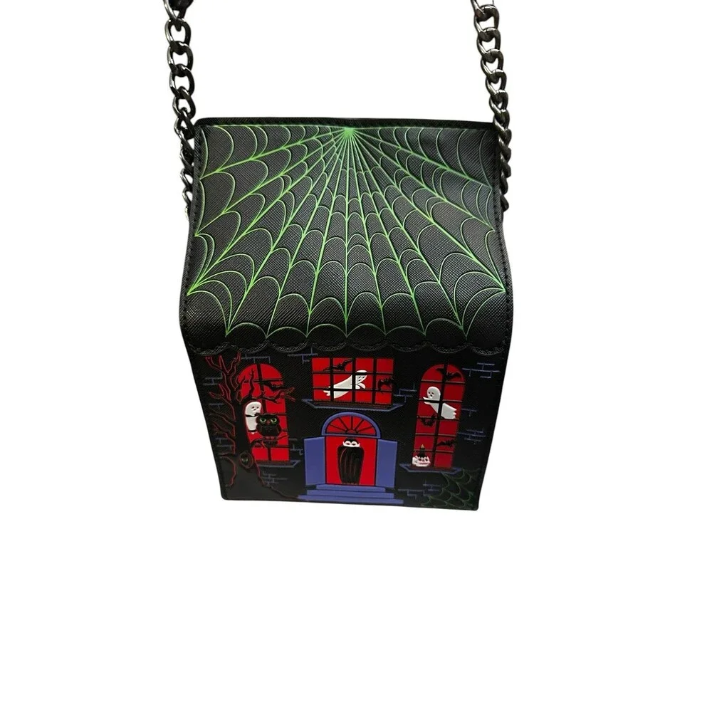 Mad Engine Haunted House Ghosts Dracula Spider Web Crossbody Bag Black EUC